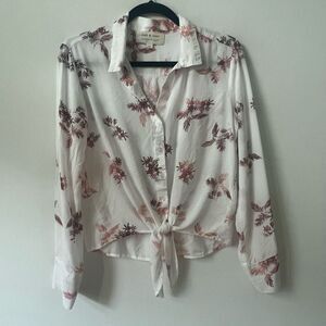 Cloth & Stone Womens White Bleach Dyed Floral Front Knot Long Sleeve Blouse Size